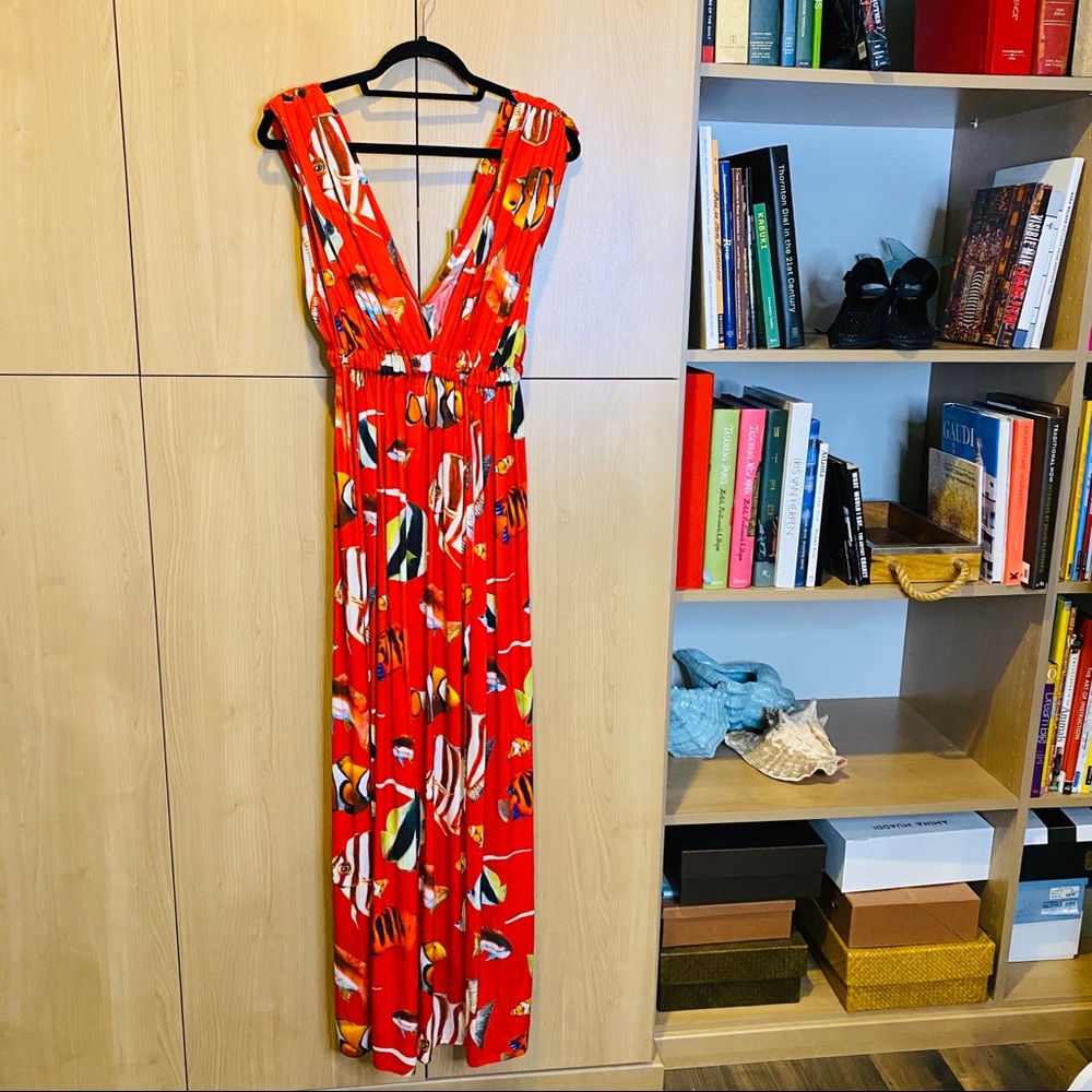 Silk beach maxi dress w/ deep V, slit to waist